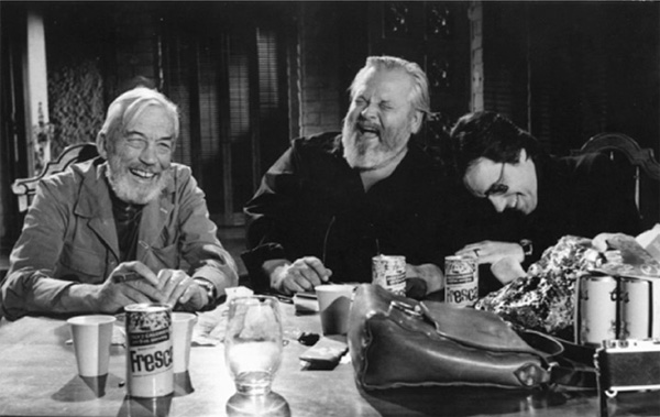 John Huston, Orson Welles and Peter Bogdanovich on the set of the never completed film 'The Other Side of the Wind'