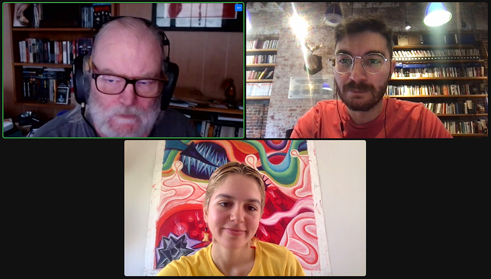 Yelling Fire in an Empty Zoom Room: Keyframe's Steve Dollar (clockwise from top left) talks with Justin Zuckerman and Isadora Leiva 